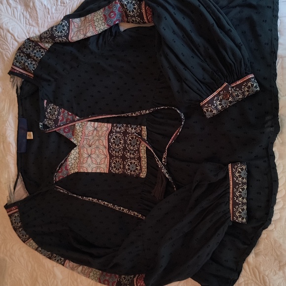 Blue Rain Black swiss dot Peplum hem long sleeve boho top size M - Picture 6 of 11